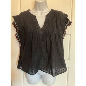Acos&A Black Boho Hippy Peasant Embossed Embroidered Semi Sheer Top S